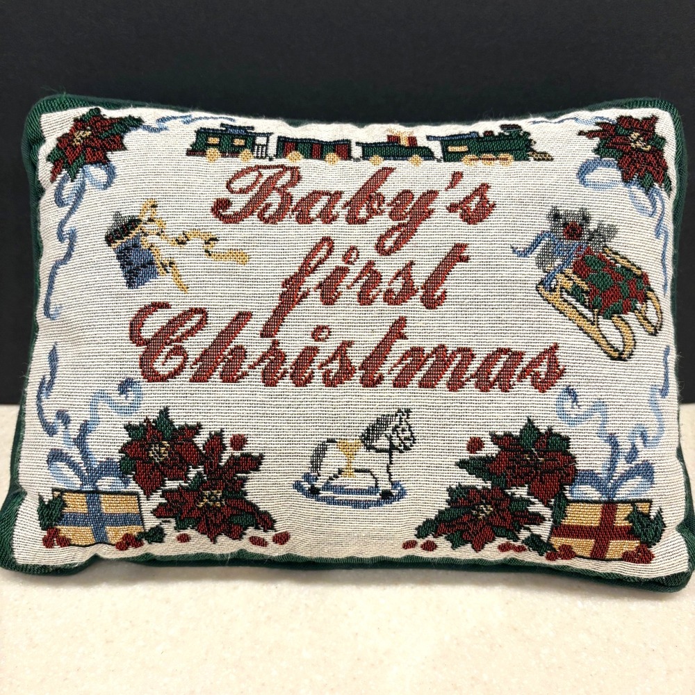 Vintage Arlee Home Fashions Baby's First‎ Christmas Tapestry Pillow ~9x12 USA